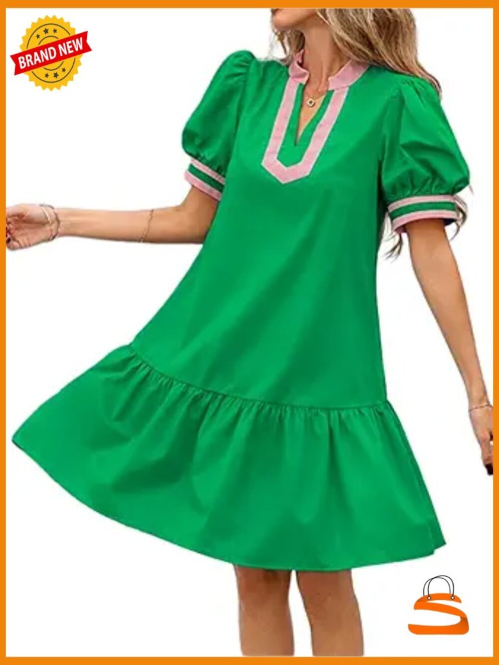 Loose Puff Sleeve V Neck Mini Dress with Pockets